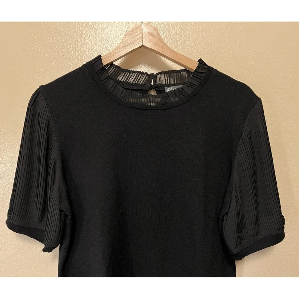 Adrianna Papell Sweater Pleated Short Sleeves and Collar‎ Keyhole Black Size M